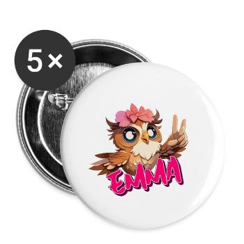 EMMA - Schöner Mädchen Name mit süßer EULE - Buttons klein 25 mm (5er Pack) - Weiß - Vorne
