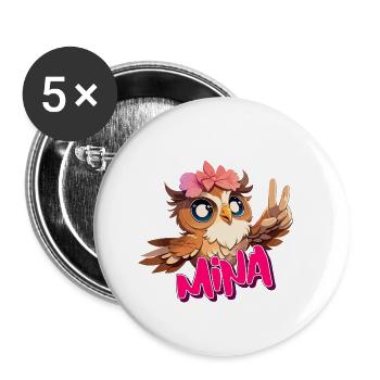 MINA - Schöner Mädchen Name mit süßer EULE - Buttons klein 25 mm (5er Pack) - Weiß - Vorne