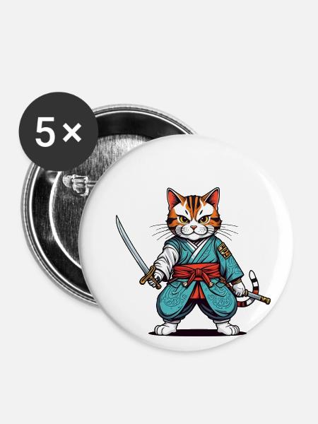 Samurai-Katze - Buttons klein 25 mm (5er Pack) - Weiß