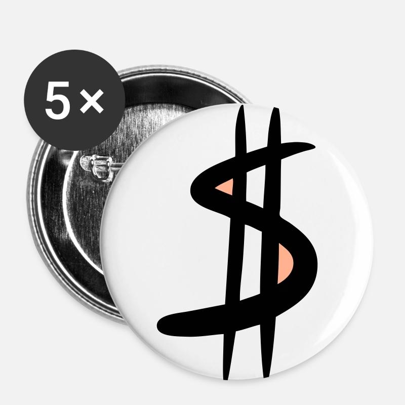 Dollarzeichen / $ Dollar Symbol, Zeichnung - Buttons klein 25 mm (5er Pack) - Weiß