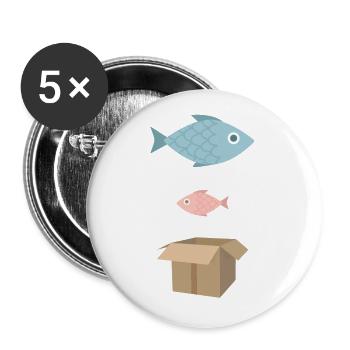 Gros poisson, petit poisson, boîte en carton - Lot de 5 petits badges (25 mm) - blanc - Devant