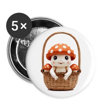 Champignon mignon dans un panier - Lot de 5 petits badges (25 mm) - blanc - Devant