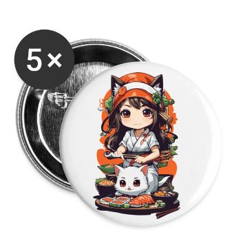 Kawaii Anime Sushi Kemomimi Master with Cat - Buttons small 1''/25 mm (5-pack) - white - Front