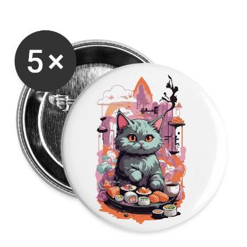 Kawaii Katze Sushi Pastell Liebhaber Japan Style - Buttons klein 25 mm (5er Pack) - Weiß - Vorne