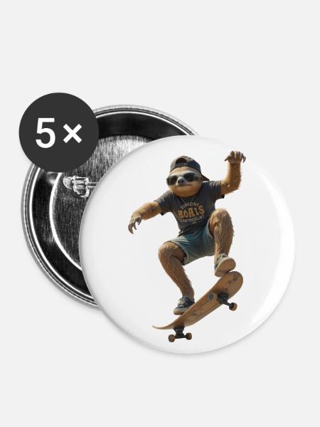 Skater Faultier - Buttons klein 25 mm (5er Pack) - Weiß