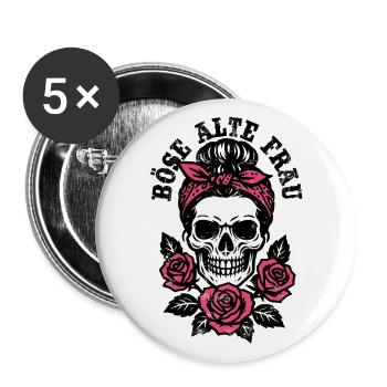 Böse alte Frau - Totenkopf - Rosen - Spruch - Buttons klein 25 mm (5er Pack) - Weiß - Vorne