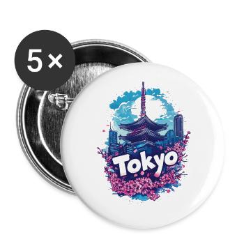 Tokyo Japan Pagoda City Skyline Sun Flowers - Buttons small 1''/25 mm (5-pack) - white - Front