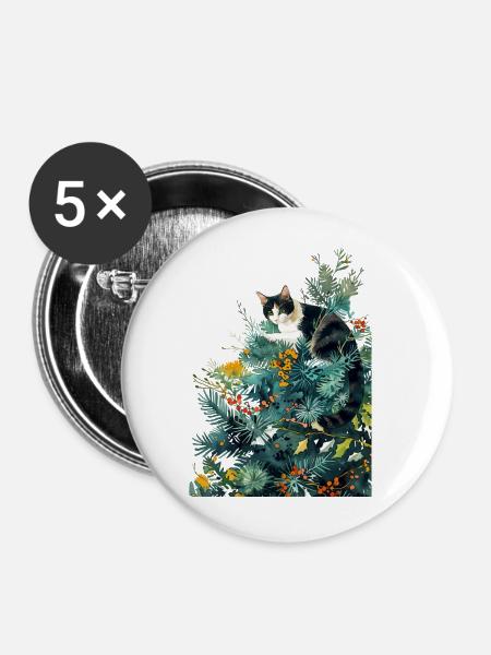 Katze am Weihnachtsbaum - Buttons klein 25 mm (5er Pack) - Weiß