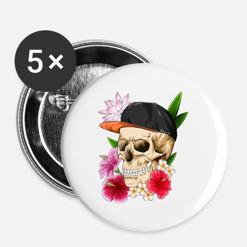 Crâne avec chapeau et fleurs - Lot de 5 petits badges (25 mm) - blanc