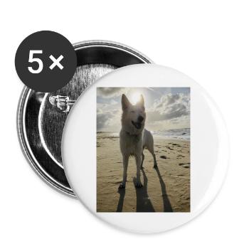 Chien sur la plage - Lot de 5 petits badges (25 mm) - blanc - Devant