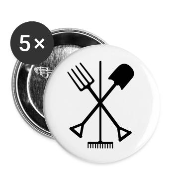 Outils de jardin pelle râteau et fourche croisée - Lot de 5 petits badges (25 mm) - blanc - Devant