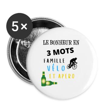 Bonheur en 3 mots famille vélo apéro cadeau - Lot de 5 petits badges (25 mm) - blanc - Devant