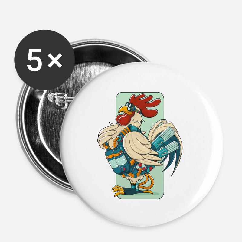 Steampunk Rooster (Black Perimeter) - Buttons small 1''/25 mm (5-pack) - white