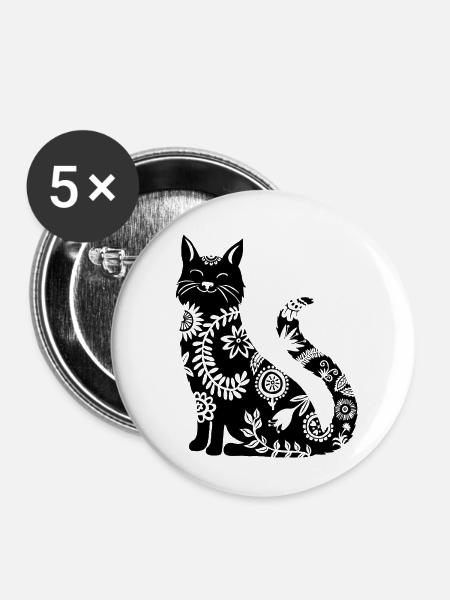 schwarze Katze mit Blumenmuster - Buttons klein 25 mm (5er Pack) - Weiß