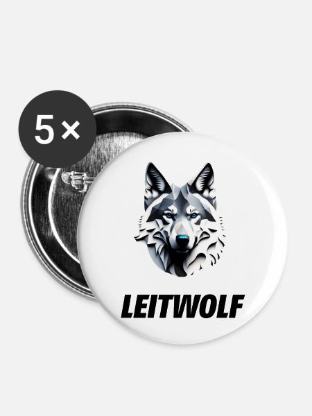 Wolfskopf mit Leitwolf Schriftzug - Buttons klein 25 mm (5er Pack) - Weiß