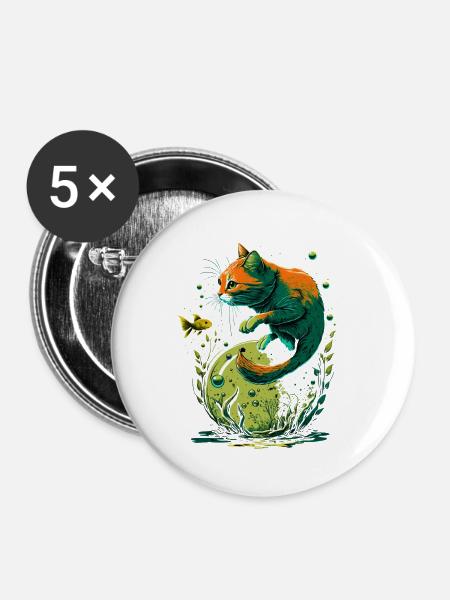 Fantasy Katze spielt mit Goldfischen - Buttons klein 25 mm (5er Pack) - Weiß