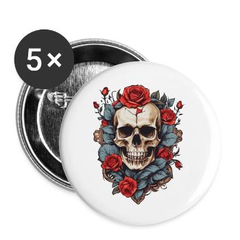 Crâne avec des roses - Lot de 5 petits badges (25 mm) - blanc - Devant