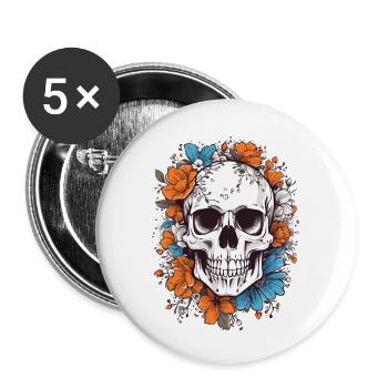 Skull with flowers - Buttons small 1''/25 mm (5-pack) - white - Front