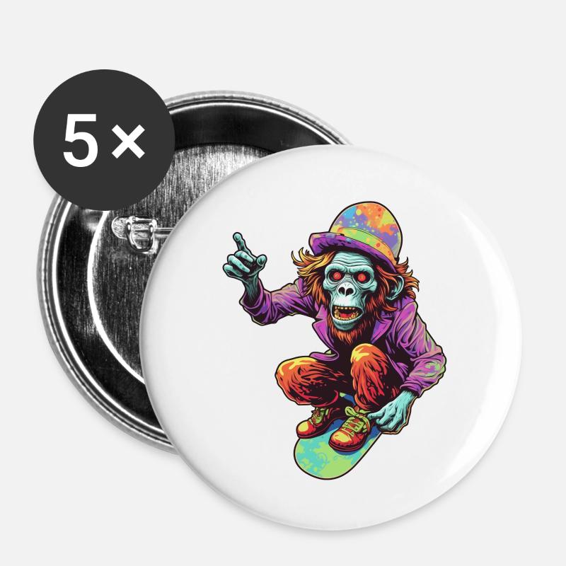 Psychédélique Skateboard Zombie Monkey - Lot de 5 petits badges (25 mm) - blanc
