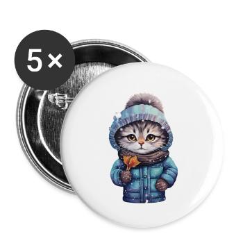 Katze mit Jacke und Mütze im Schnee - Buttons klein 25 mm (5er Pack) - Weiß - Vorne