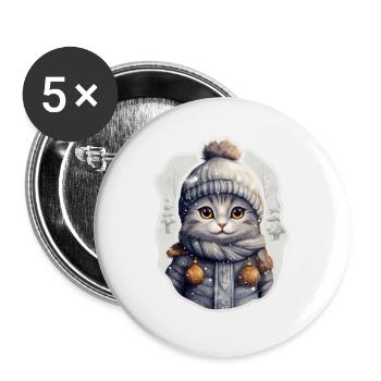 Chat avec chapeau, écharpe et veste dans la neige - Lot de 5 petits badges (25 mm) - blanc - Devant