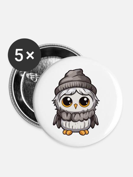 Eule Comic Winter Cozy - Buttons klein 25 mm (5er Pack) - Weiß