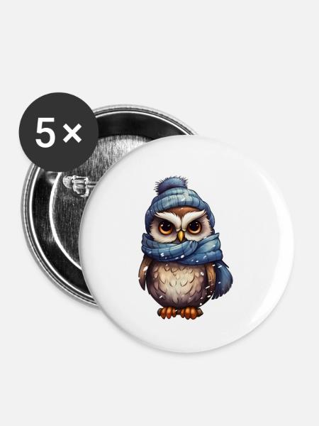 Winter süsse Eule - Buttons klein 25 mm (5er Pack) - Weiß