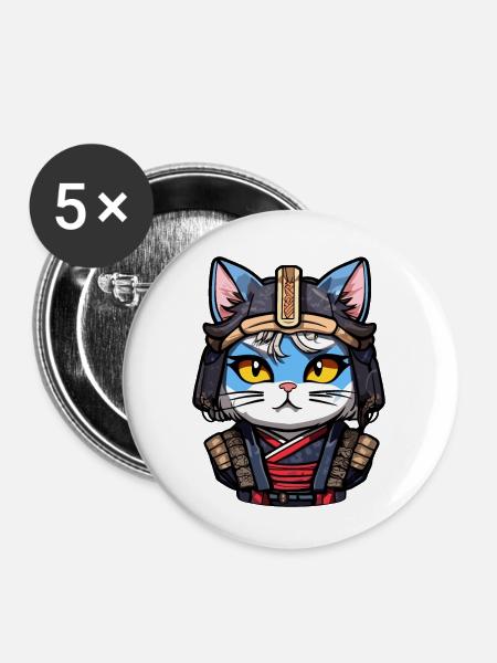 Samurai-Katze #4 - Buttons klein 25 mm (5er Pack) - Weiß