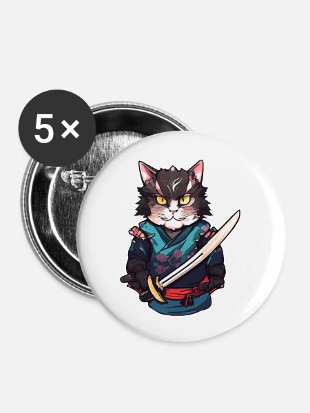 Samurai-Katze #12 - Buttons klein 25 mm (5er Pack) - Weiß