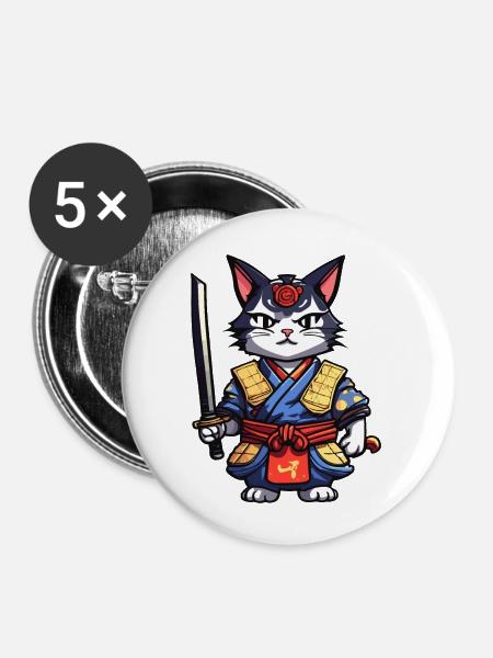 Samurai-Katze #11 - Buttons klein 25 mm (5er Pack) - Weiß