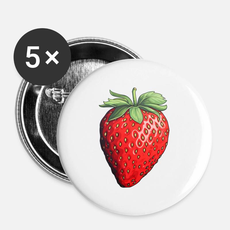 Fraise simple - Lot de 5 petits badges (25 mm) - blanc