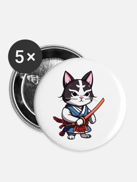 Samurai-Katze #42 - Buttons klein 25 mm (5er Pack) - Weiß
