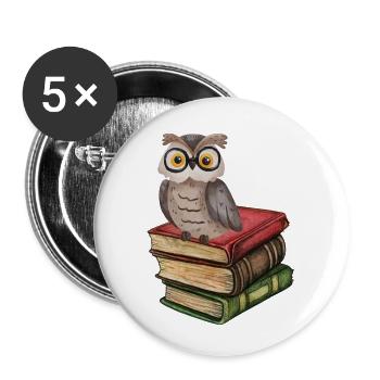 Eule auf Büchern - Geschenk für Buchliebhaber - Buttons klein 25 mm (5er Pack) - Weiß - Vorne