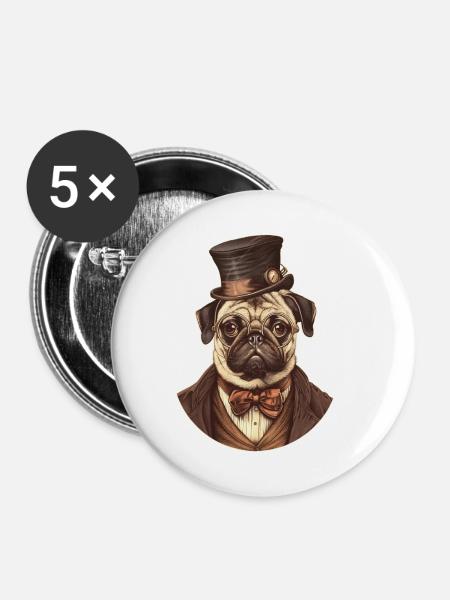 Steampunk Mops - Buttons klein 25 mm (5er Pack) - Weiß