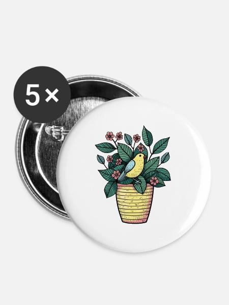 Vogel im Blumentopf - Stilzeichnung - Buttons klein 25 mm (5er Pack) - Weiß