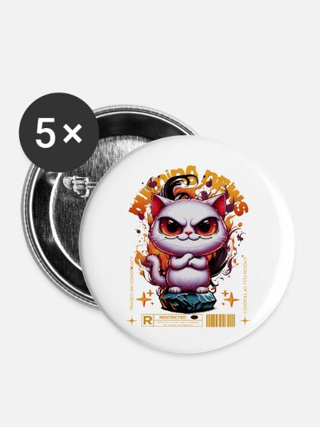 BURNING NEWS Caution cat - Buttons klein 25 mm (5er Pack) - Weiß