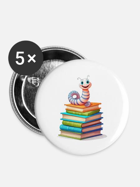 Bücherwurm - Buttons klein 25 mm (5er Pack) - Weiß