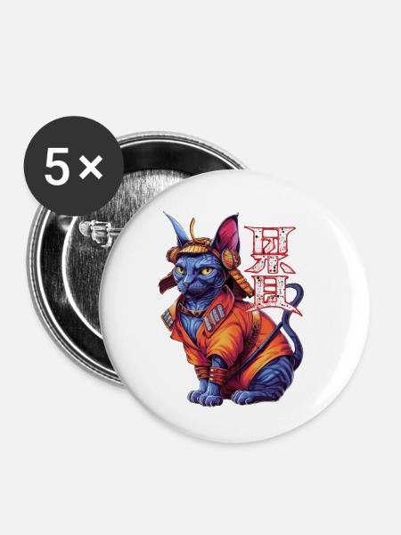 Samurai-Katze - Ninja-Kätzchen - Buttons klein 25 mm (5er Pack) - Weiß