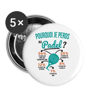 Idée cadeau Padel - Pourquoi je perds au Padel? - Lot de 5 petits badges (25 mm) - blanc - Devant