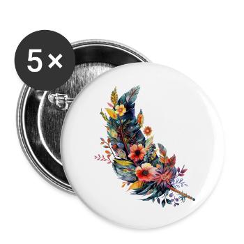 Plume constellée de fleurs - Lot de 5 petits badges (25 mm) - blanc - Devant