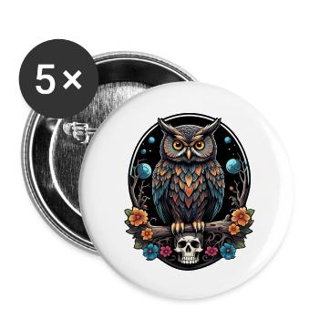 Hibou décoratif avec crâne et pétales de rose - Lot de 5 petits badges (25 mm) - blanc - Devant