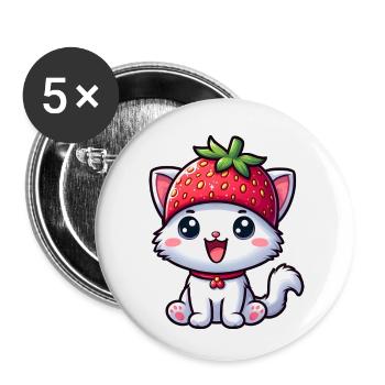 Chat fantaisiste avec fraise et chapeau aux fruits sucrés - Lot de 5 petits badges (25 mm) - blanc - Devant