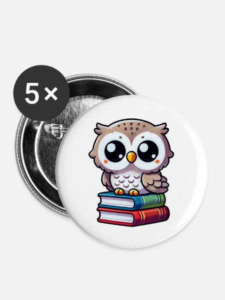 Eule auf Büchern - Buttons klein 25 mm (5er Pack) - Weiß