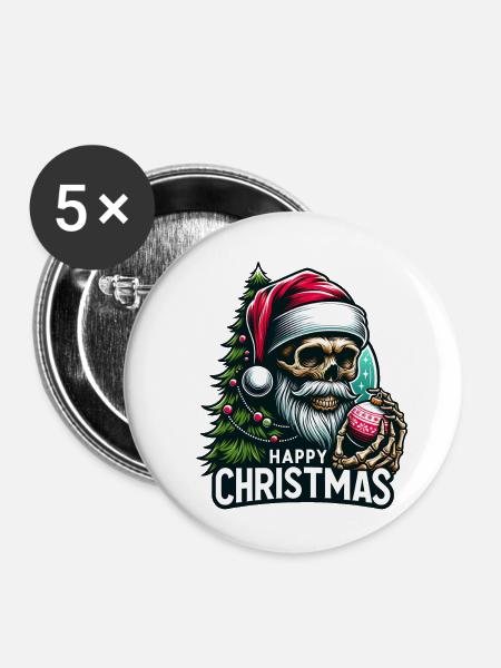 Weihnachtsmann Skull mit Christbaumkugel - Buttons klein 25 mm (5er Pack) - Weiß