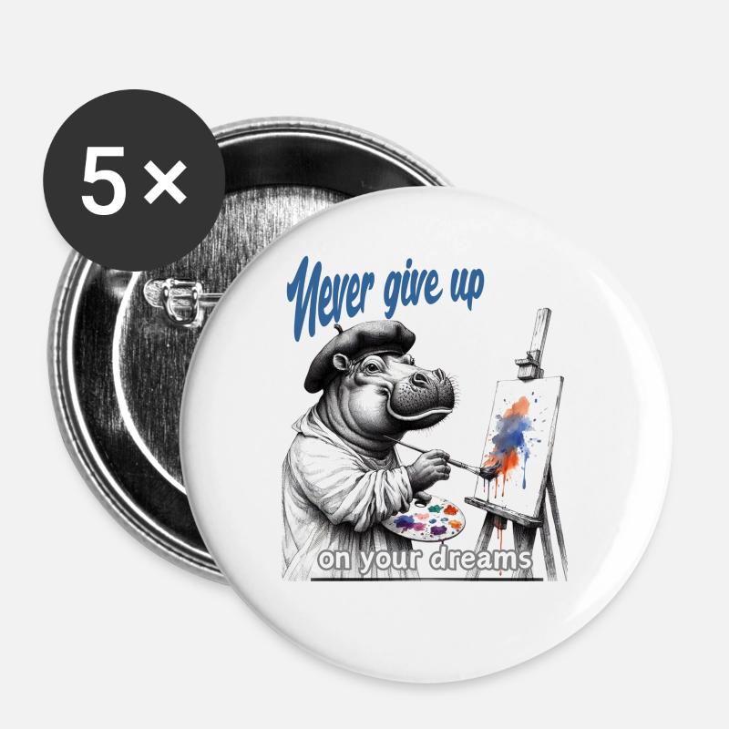 Never give up Painter Hippo - Buttons small 1''/25 mm (5-pack) - white