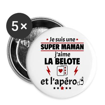 Super maman belote et apéro, fête des mères, noël - Lot de 5 petits badges (25 mm) - blanc - Devant