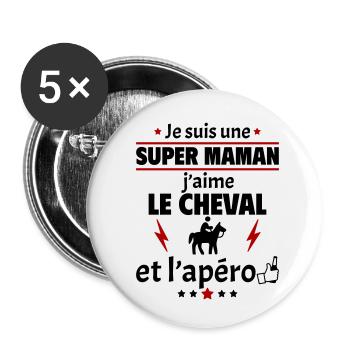Super maman cheval et apéro, fête des mères, noël - Lot de 5 petits badges (25 mm) - blanc - Devant