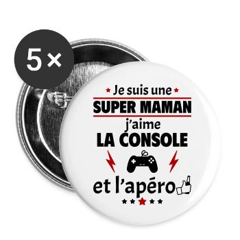 Super maman console et apéro, fête des mères, noël - Lot de 5 petits badges (25 mm) - blanc - Devant