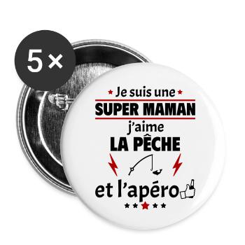 Super maman pêche et apéro, fête des mères, noël - Lot de 5 petits badges (25 mm) - blanc - Devant