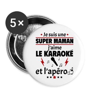 Super maman karaoké et apéro, fête des mères, noël - Lot de 5 petits badges (25 mm) - blanc - Devant